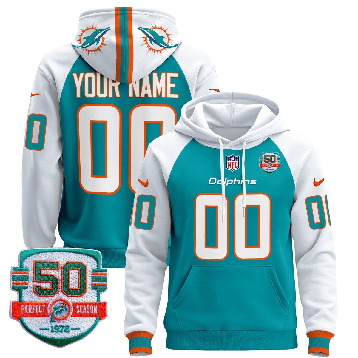 Dolphins 50th 1972 Perfect Season Patch Custom Pullover Hoodie