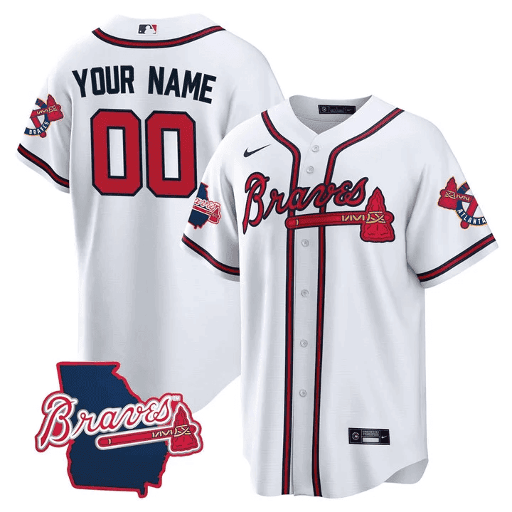 Atlanta Braves Georgia State Patch Custom Jersey - White - All Stitched