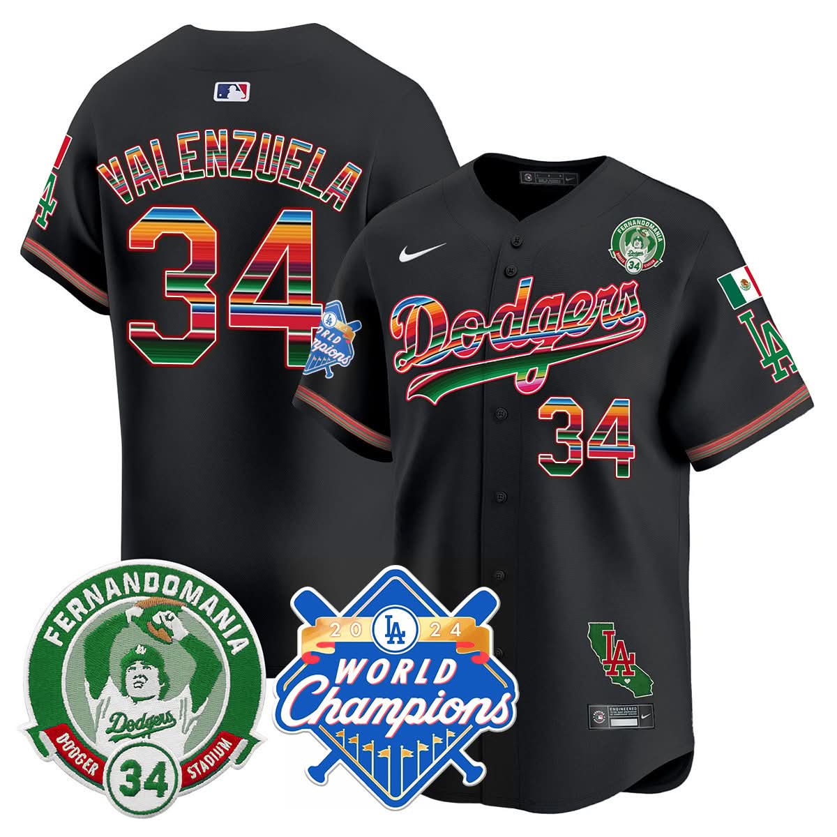 Dodgers Mexico Fernando Memorial & 2024 World Series Champions Patch Jersey - All Stitched