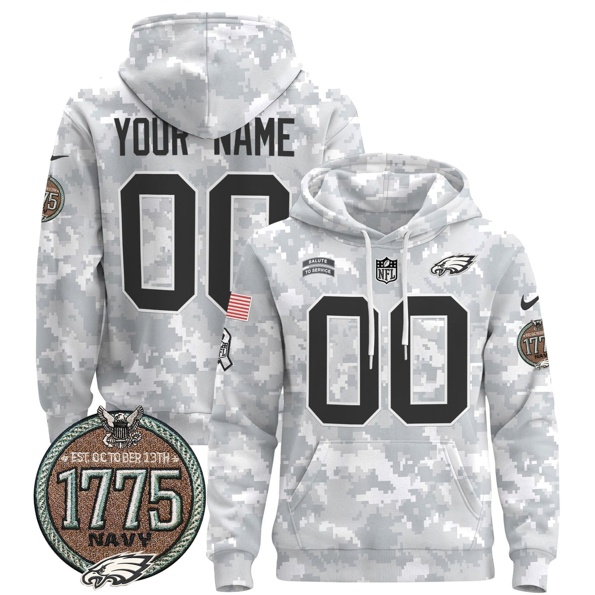 Philadelphia Eagles 2024 Salute to Service Establishment Year Patch Custom Pullover Hoodie