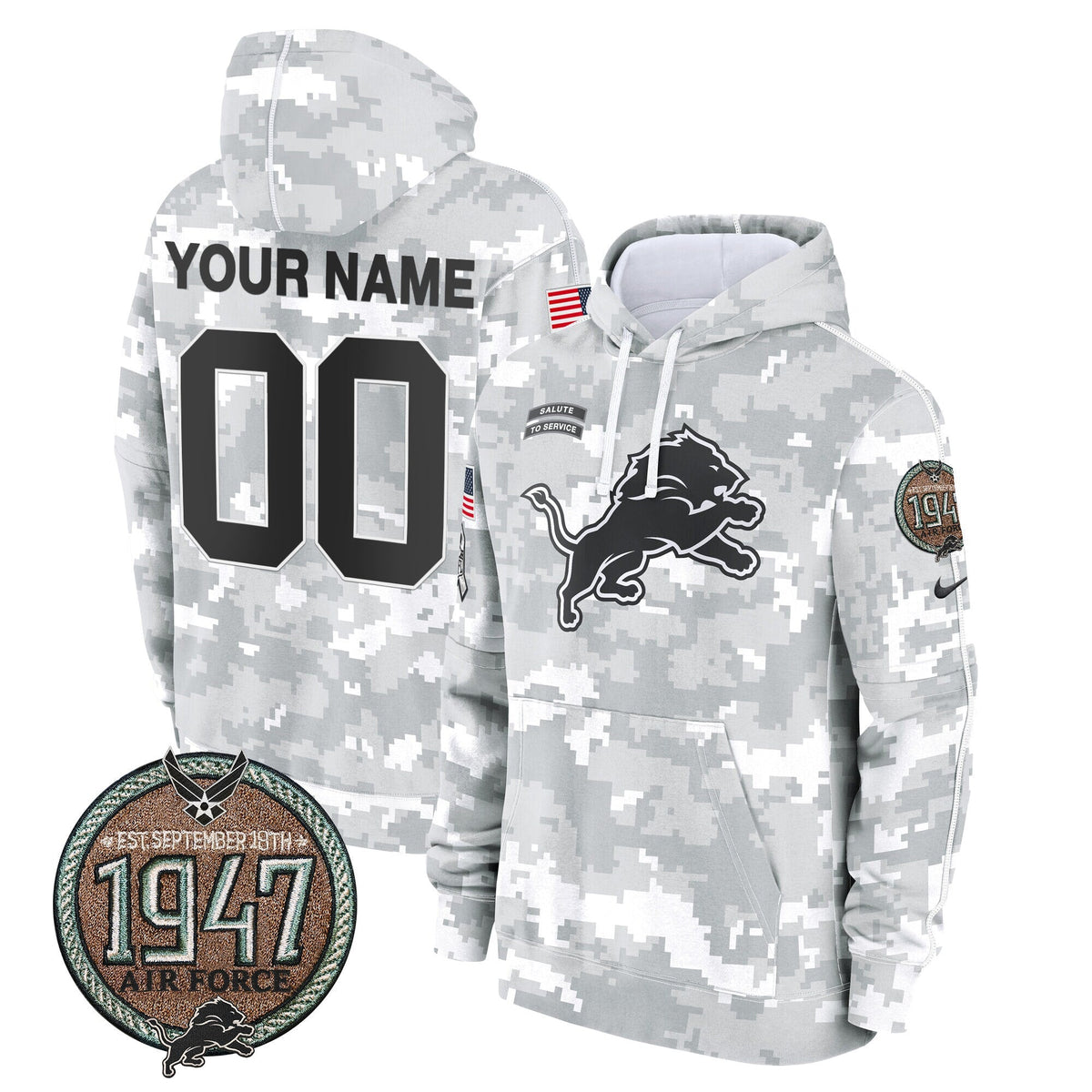 Detroit Lions 2024 Salute to Service Establishment Year Patch Custom Fleece Pullover Hoodie