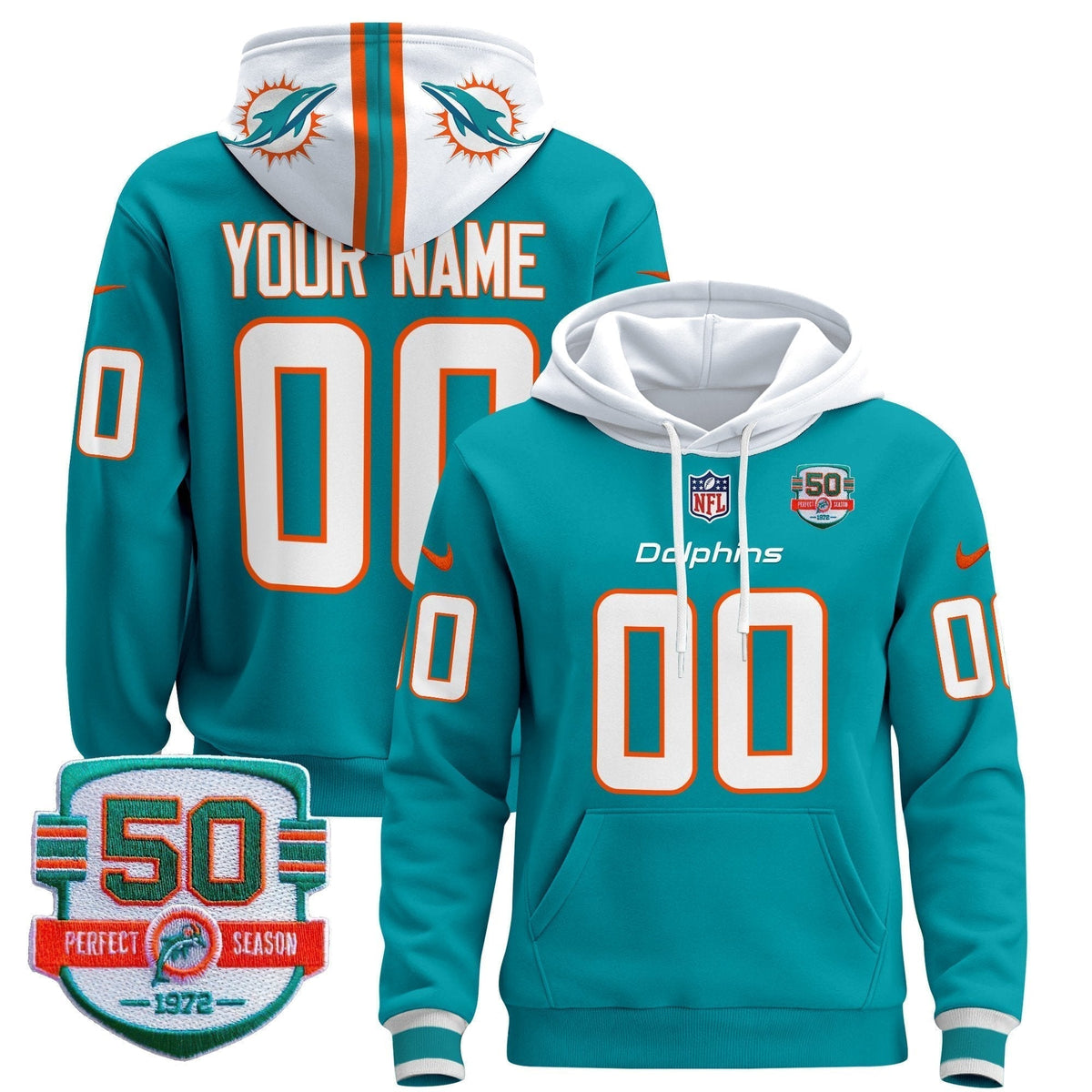 Dolphins 50th 1972 Perfect Season Patch Custom Pullover Hoodie