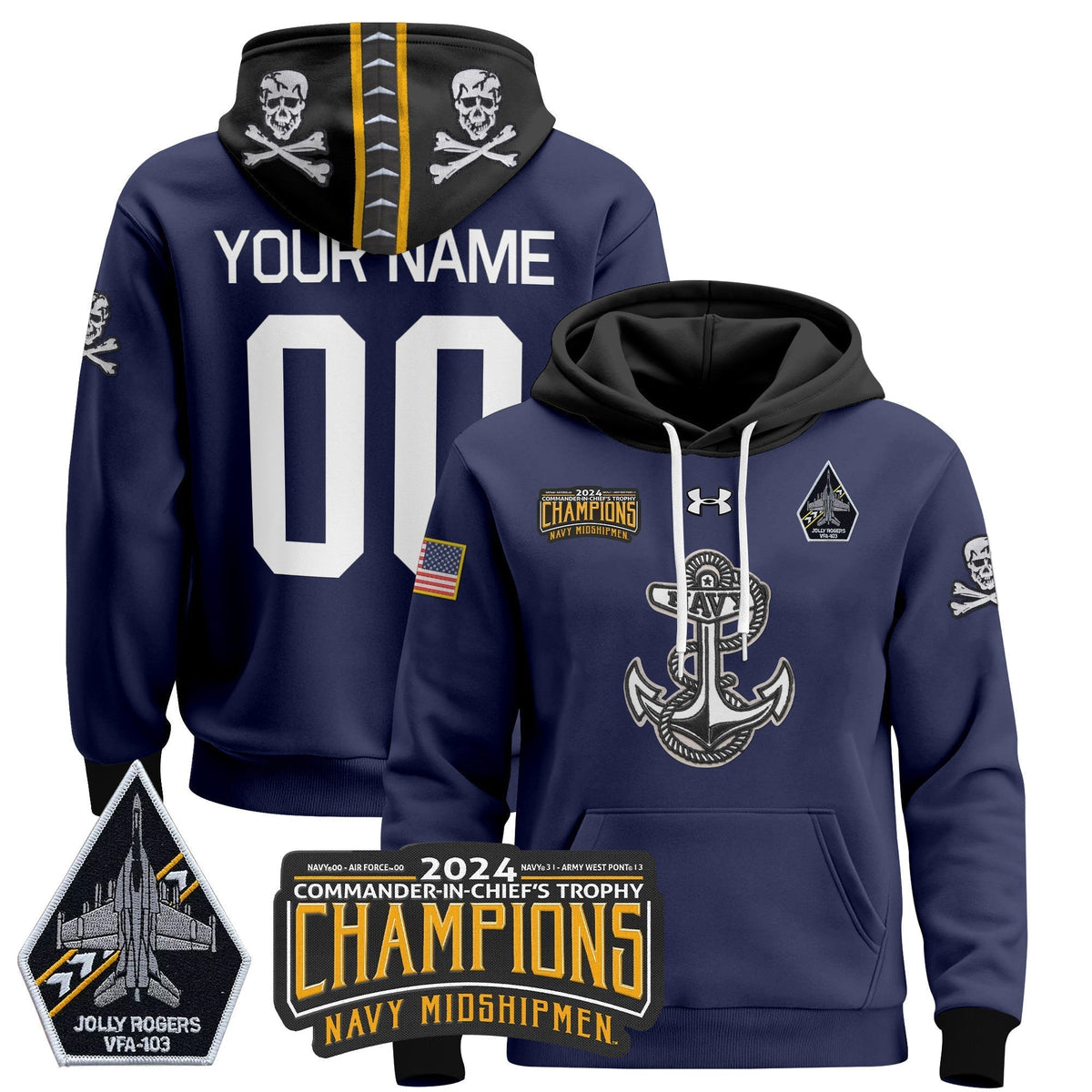 Navy Midshipmen Commander-In-Chief's Trophy Champions Patch Custom Pullover Hoodie - Stitched