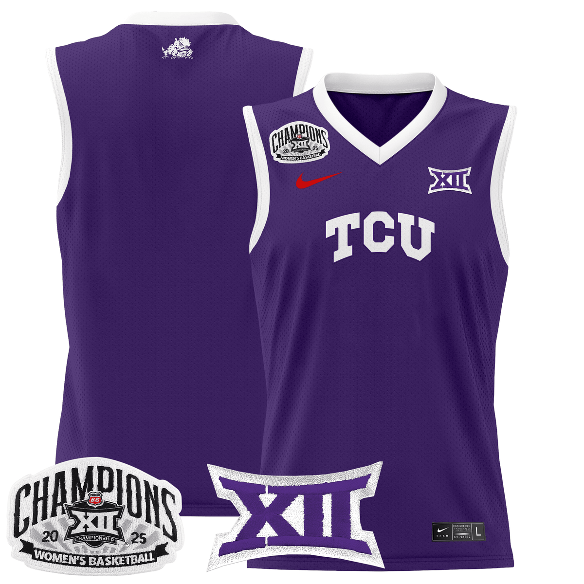 Men's Size - TCU Horned Frogs 2025 BIG 12 Women's Conference Tournament Champions Lightweight Basketball Jersey - All Stitched