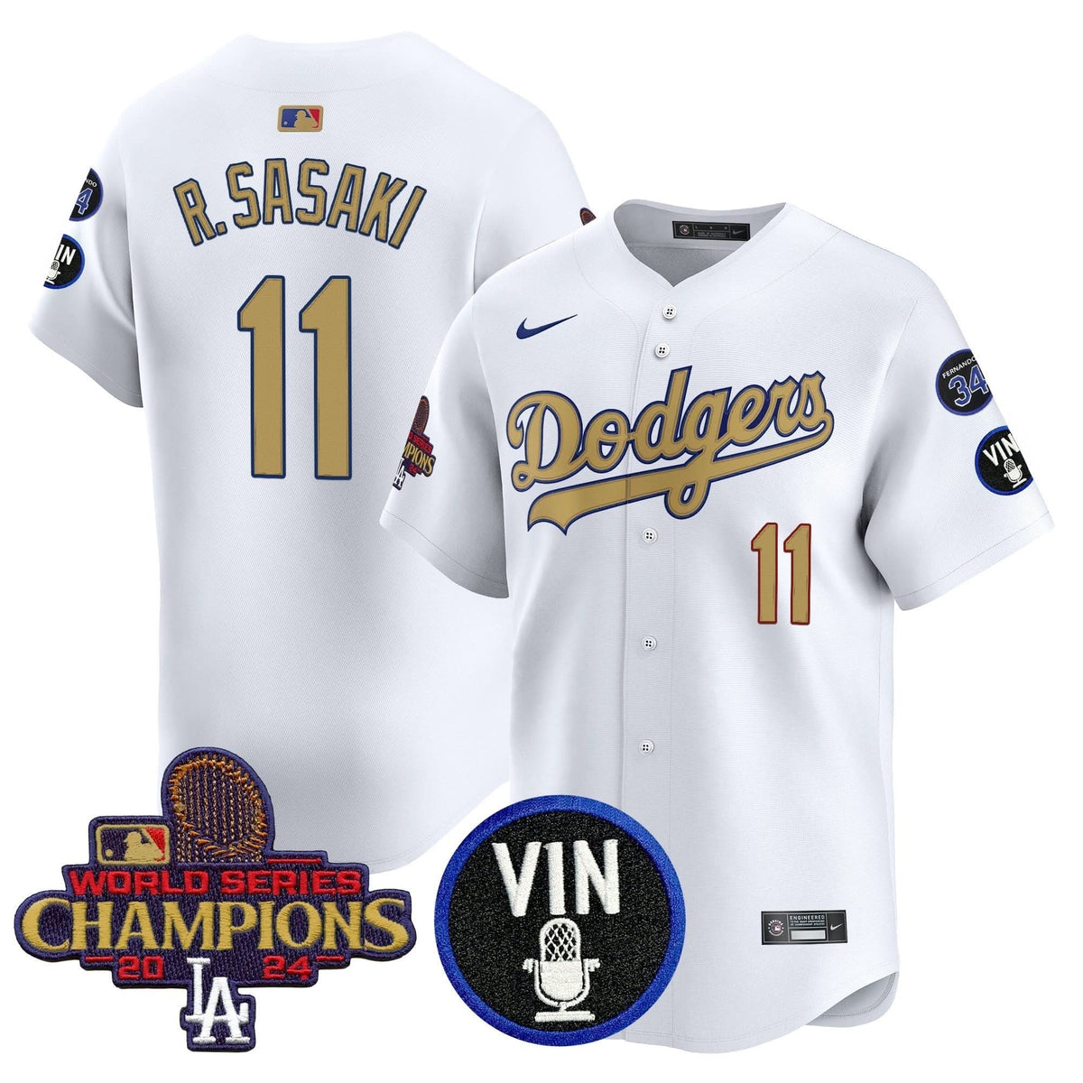 Men's Dodgers 2025 Vin Scully & #34 Fernando Patch Gold Vapor Premier Limited Jersey - All Stitched