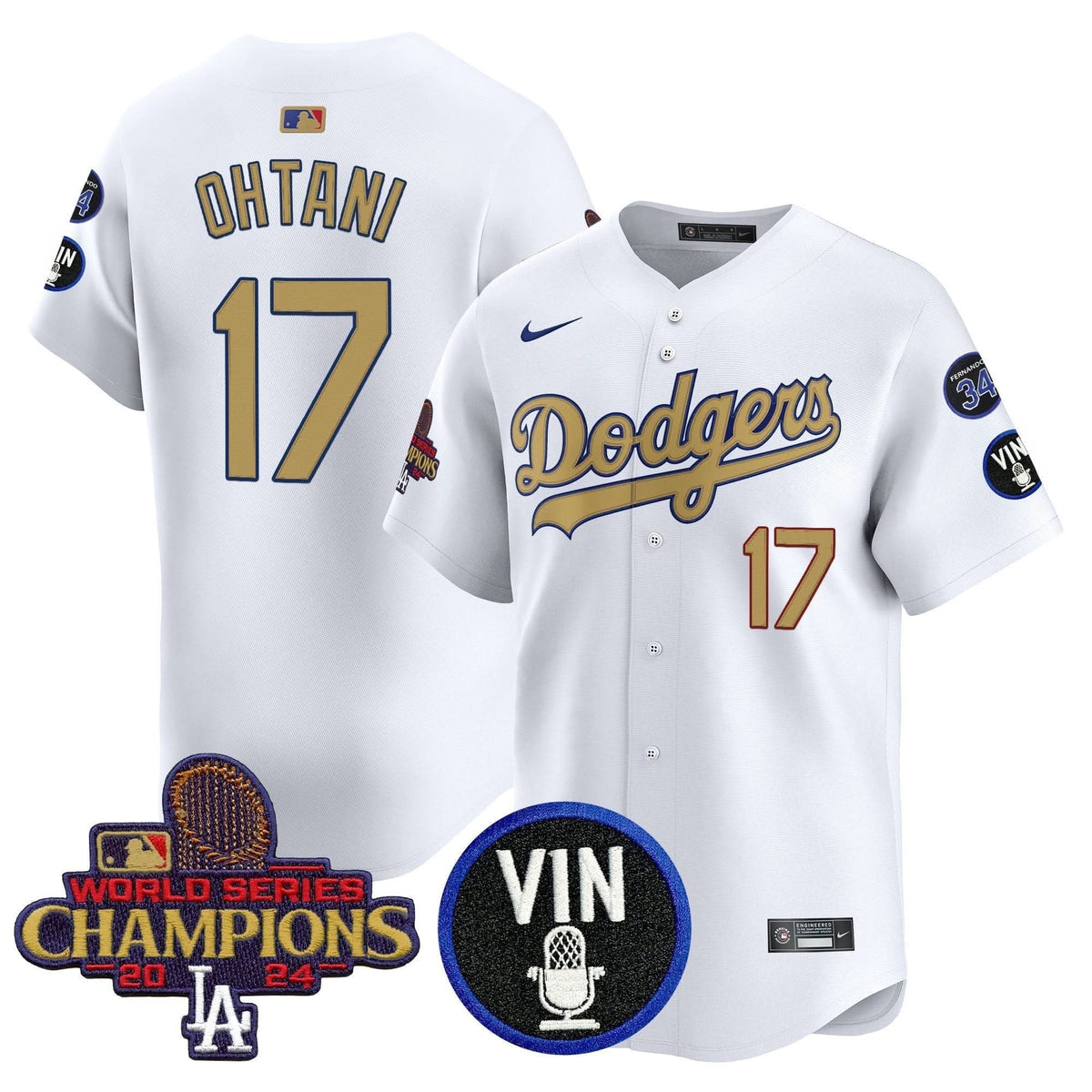 Men's Dodgers 2025 Vin Scully & #34 Fernando Patch Gold Vapor Premier Limited Jersey - All Stitched