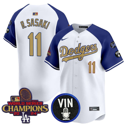 Men's Dodgers 2025 Vin Scully & #34 Fernando Patch Gold Vapor Premier Limited Jersey - All Stitched