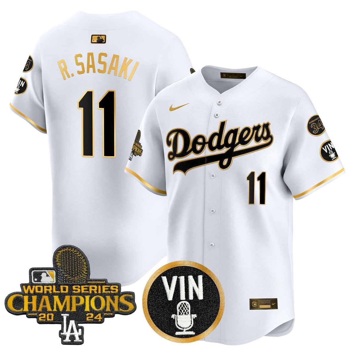 Men's Dodgers 2025 Vin Scully & #34 Fernando Patch Gold Vapor Premier Limited Jersey - All Stitched