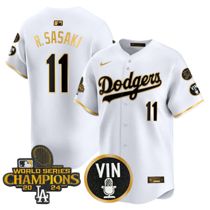 Men's Dodgers 2025 Vin Scully & #34 Fernando Patch Gold Vapor Premier Limited Jersey - All Stitched