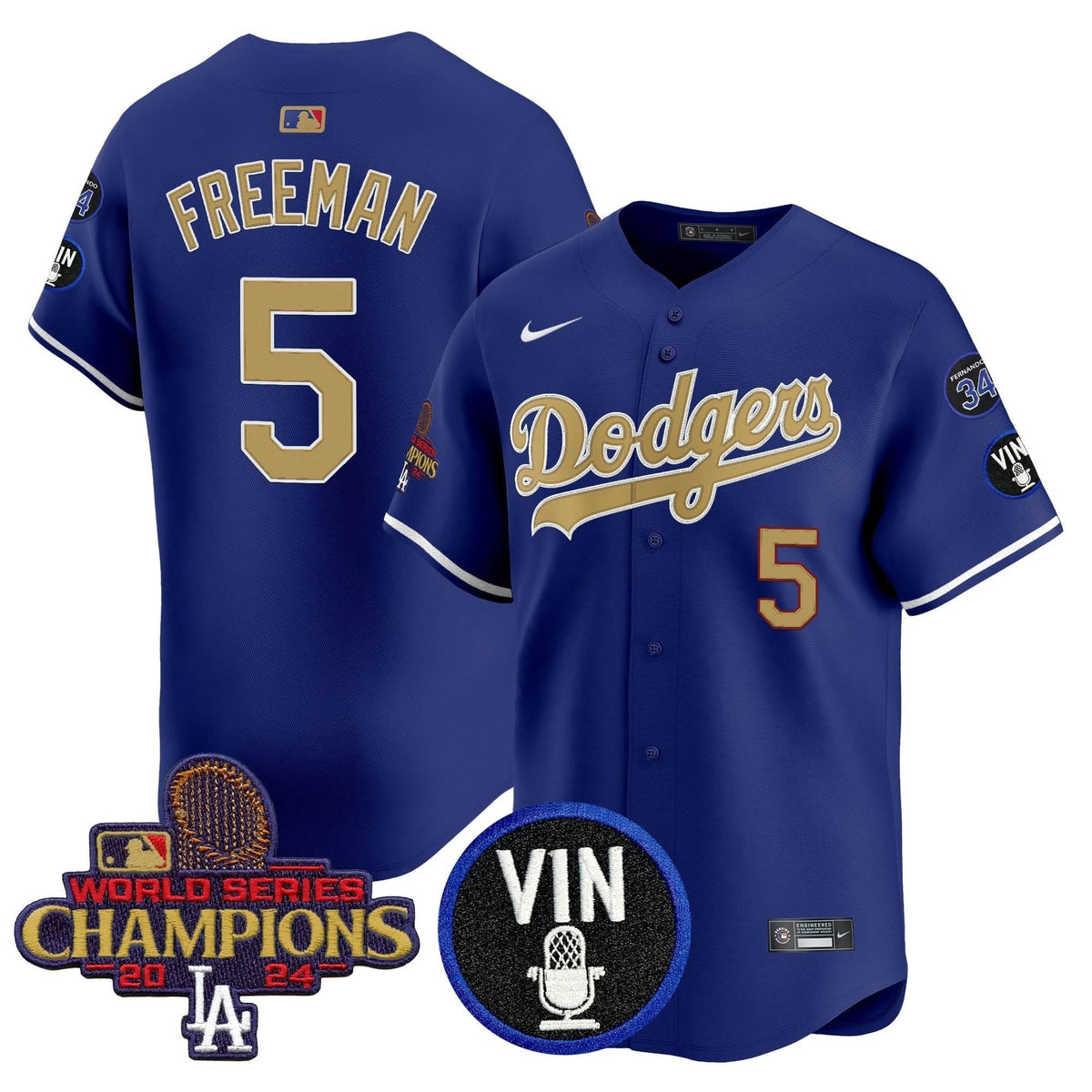 Men's Dodgers 2025 Vin Scully & #34 Fernando Patch Gold Vapor Premier Limited Jersey - All Stitched