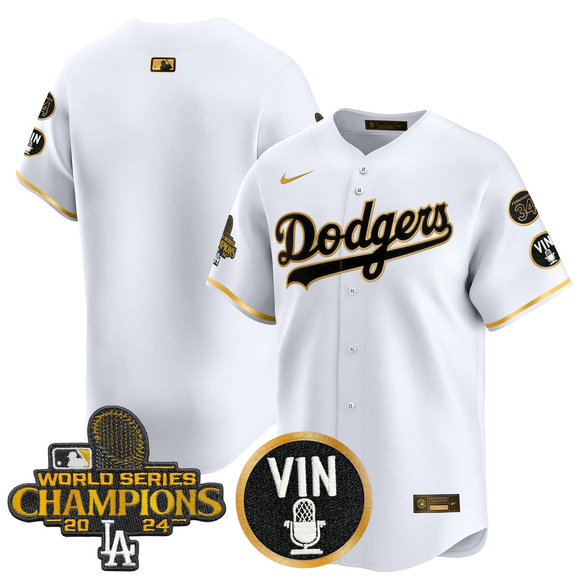 Men's Dodgers 2025 Vin Scully & #34 Fernando Patch Gold Vapor Premier Limited Jersey - All Stitched