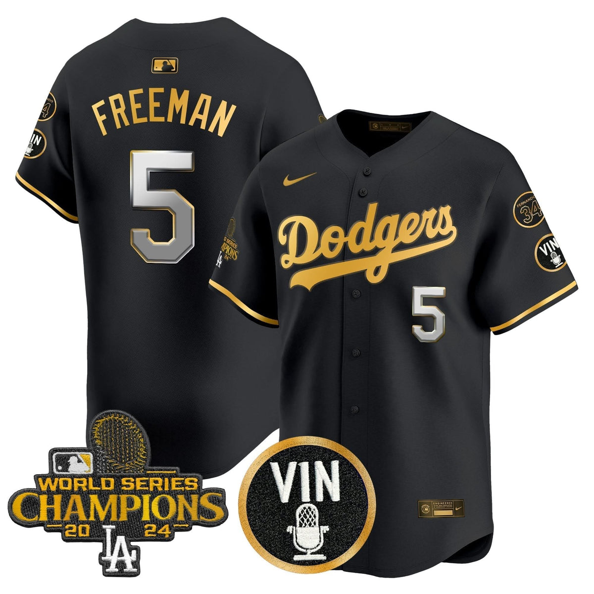Men's Dodgers 2025 Vin Scully & #34 Fernando Patch Gold Vapor Premier Limited Jersey - All Stitched