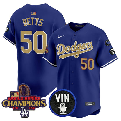 Men's Dodgers 2025 Vin Scully & #34 Fernando Patch Gold Vapor Premier Limited Jersey - All Stitched