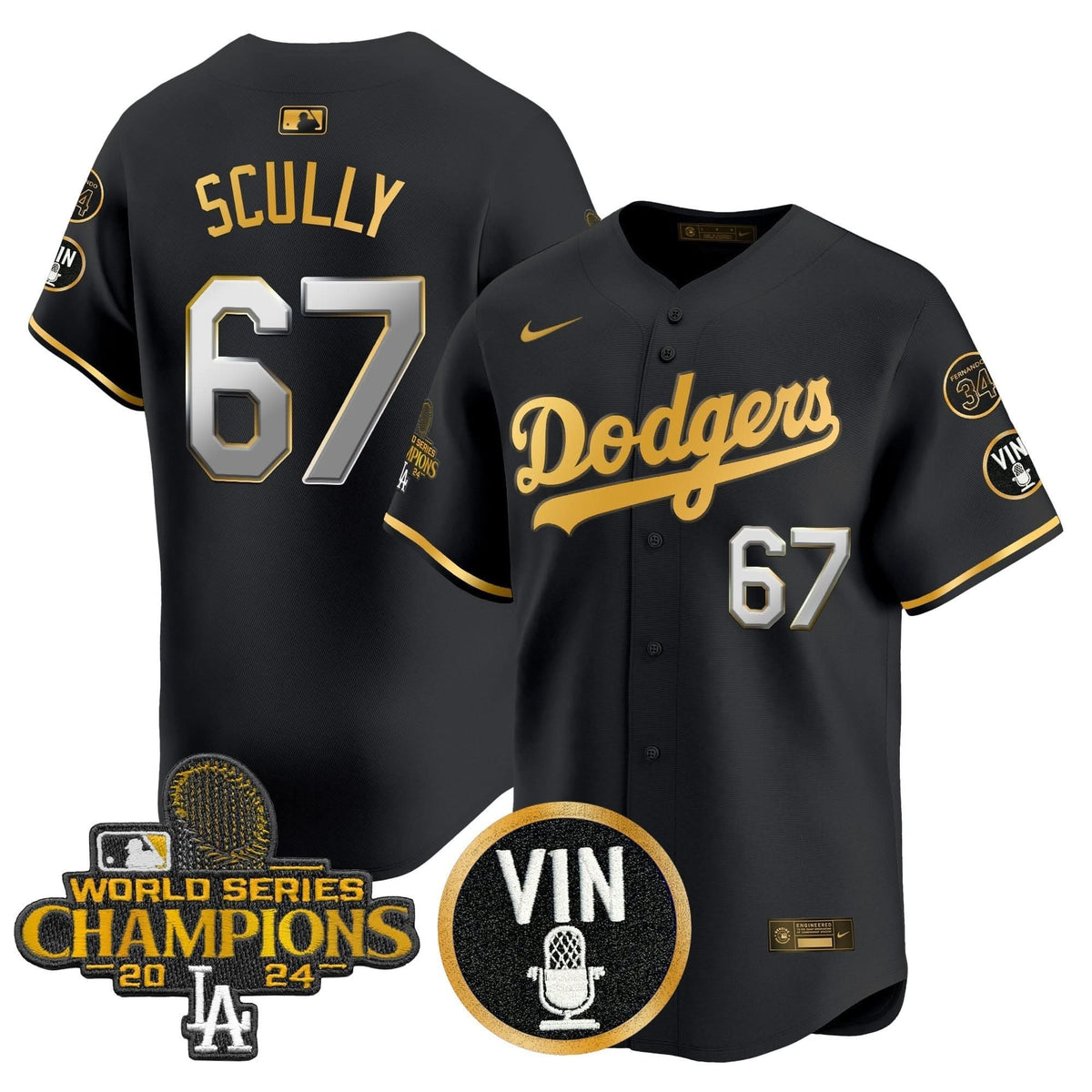 Men's Dodgers 2025 Vin Scully & #34 Fernando Patch Gold Vapor Premier Limited Jersey - All Stitched