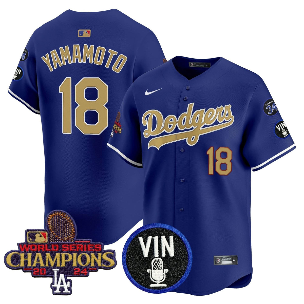 Men's Dodgers 2025 Vin Scully & #34 Fernando Patch Gold Vapor Premier Limited Jersey - All Stitched