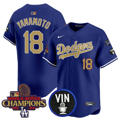 Men's Dodgers 2025 Vin Scully & #34 Fernando Patch Gold Vapor Premier Limited Jersey - All Stitched