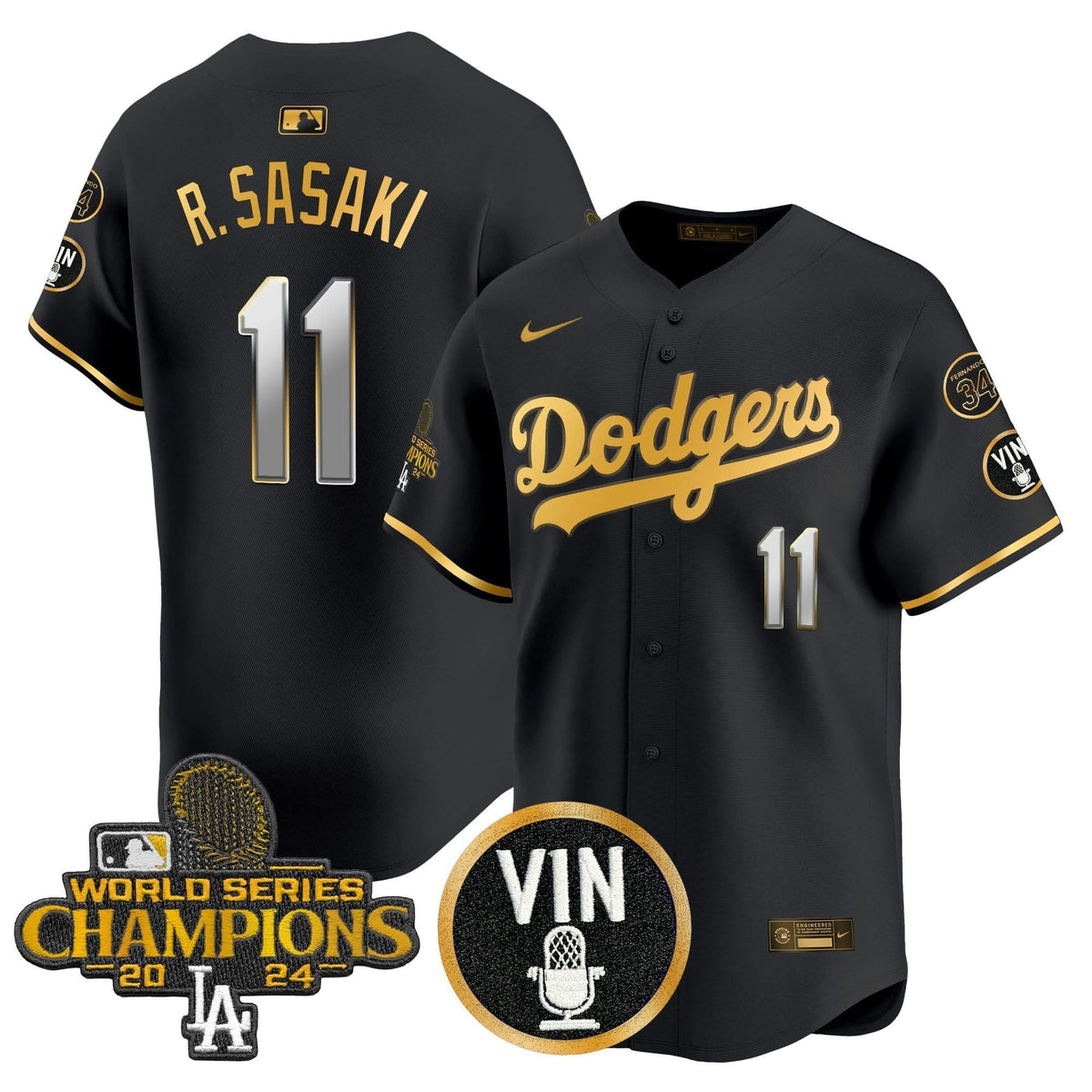 Men's Dodgers 2025 Vin Scully & #34 Fernando Patch Gold Vapor Premier Limited Jersey - All Stitched