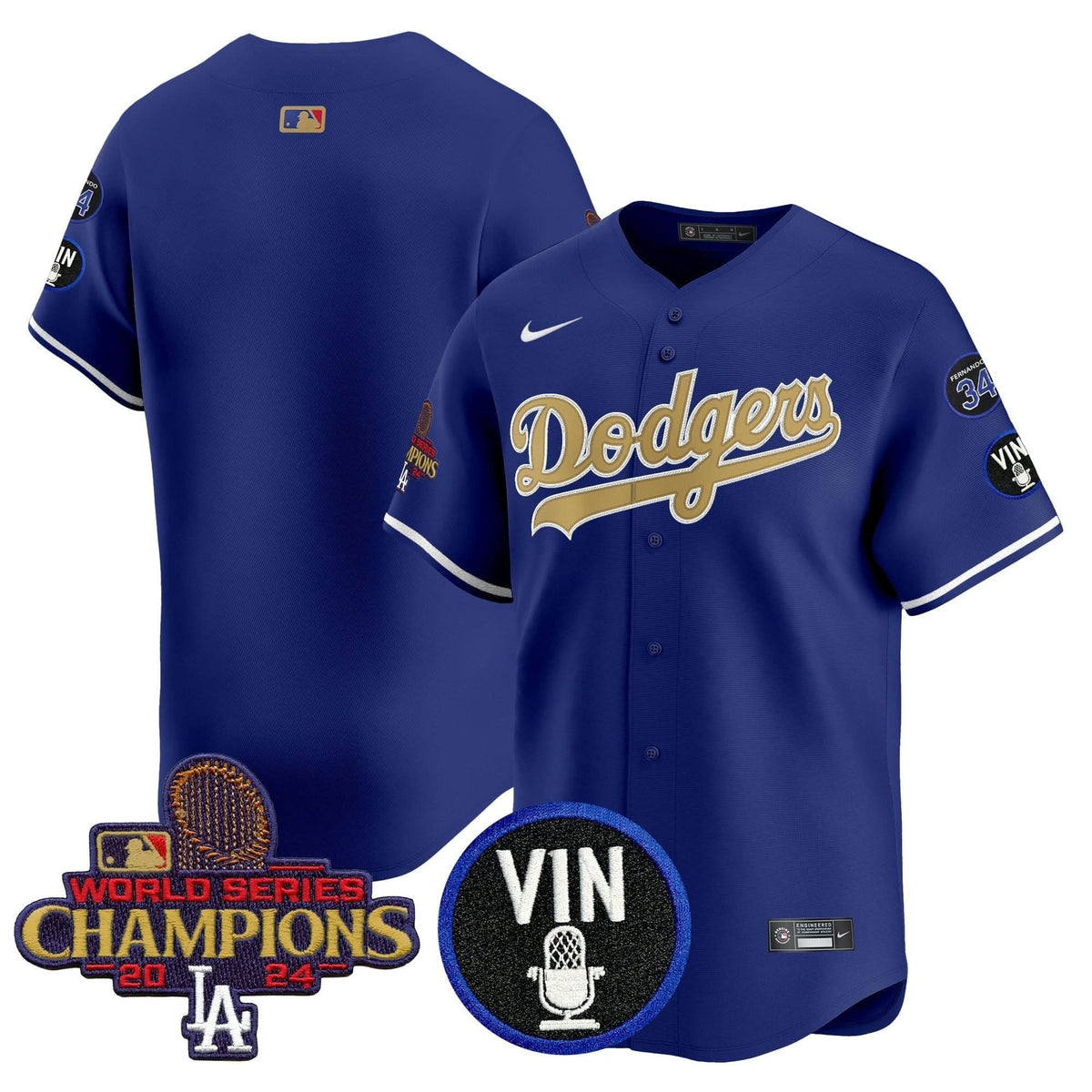 Men's Dodgers 2025 Vin Scully & #34 Fernando Patch Gold Vapor Premier Limited Jersey - All Stitched