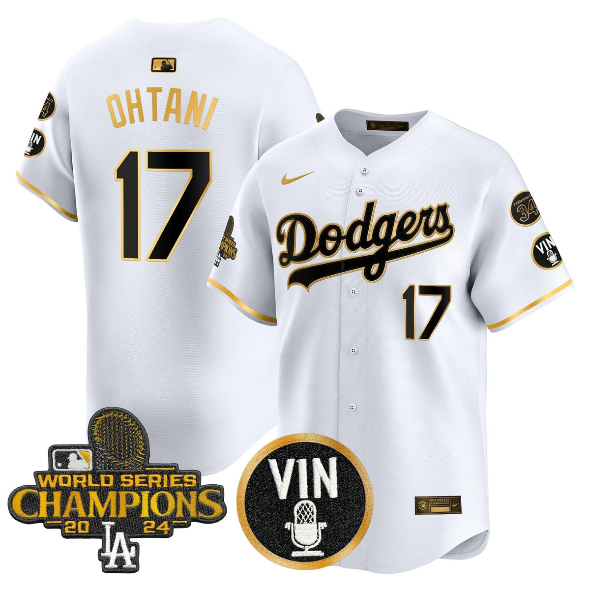 Men's Dodgers 2025 Vin Scully & #34 Fernando Patch Gold Vapor Premier Limited Jersey - All Stitched