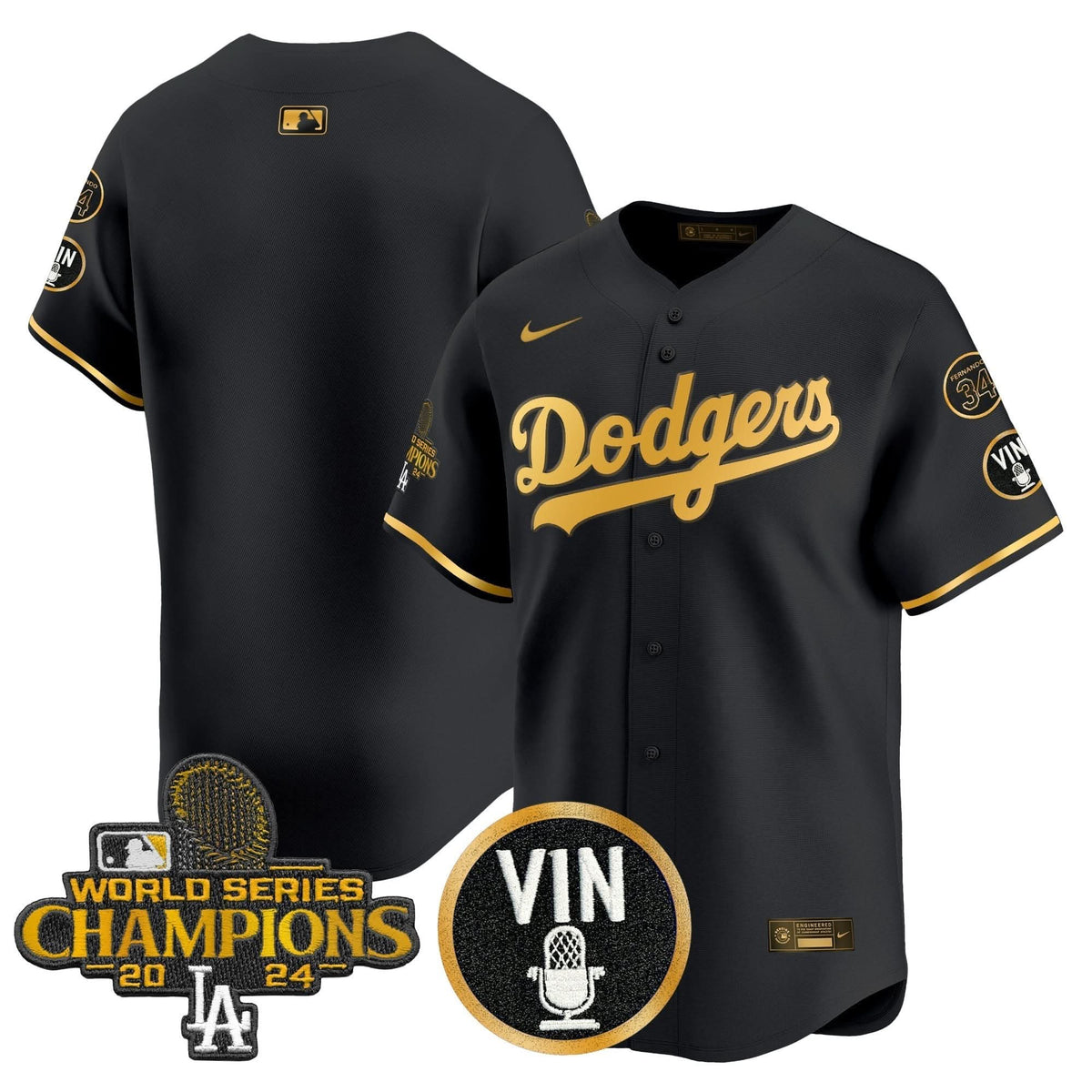Men's Dodgers 2025 Vin Scully & #34 Fernando Patch Gold Vapor Premier Limited Jersey - All Stitched