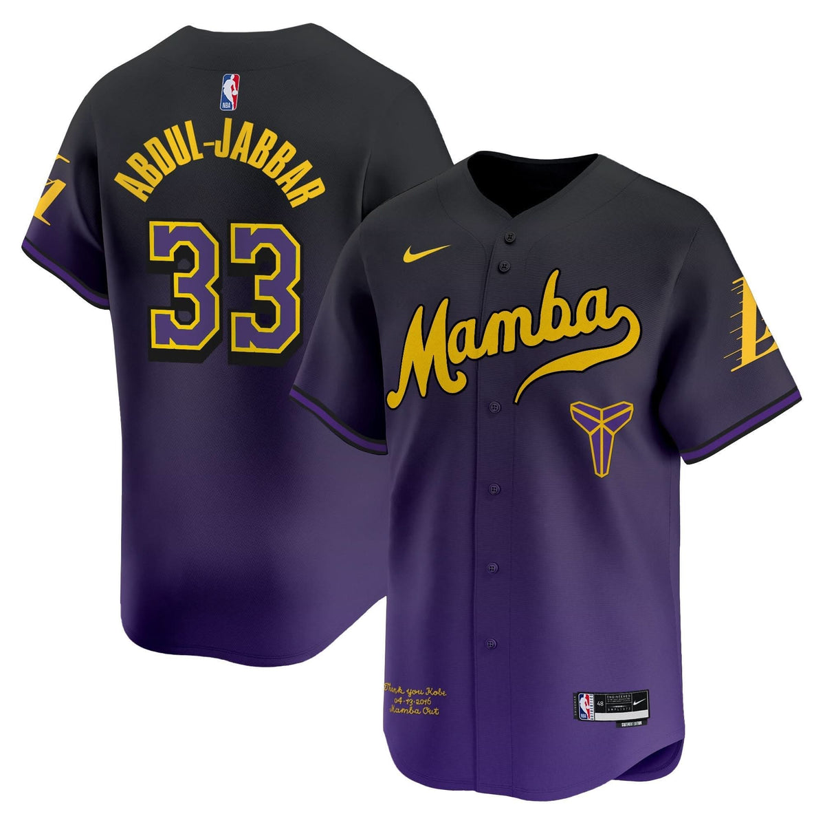 Men's Los Angeles Lakers Kobe Bryant Mamba Vapor Baseball Jersey - All Stitched
