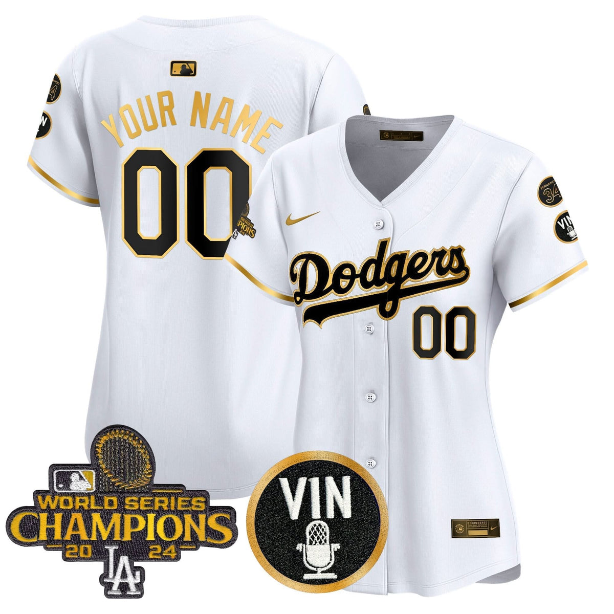 Dodgers 2025 Vin Scully & #34 Fernando Patch Gold Vapor Premier Limited Custom Jersey - All Stitched
