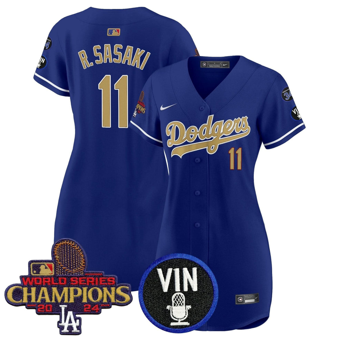 Women's Dodgers 2025 Vin Scully & #34 Fernando Patch Gold Baseball Dress - All Stitched
