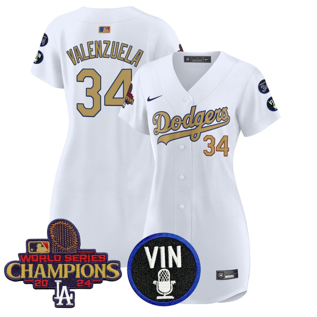 Women's Dodgers 2025 Vin Scully & #34 Fernando Patch Gold Baseball Dress - All Stitched