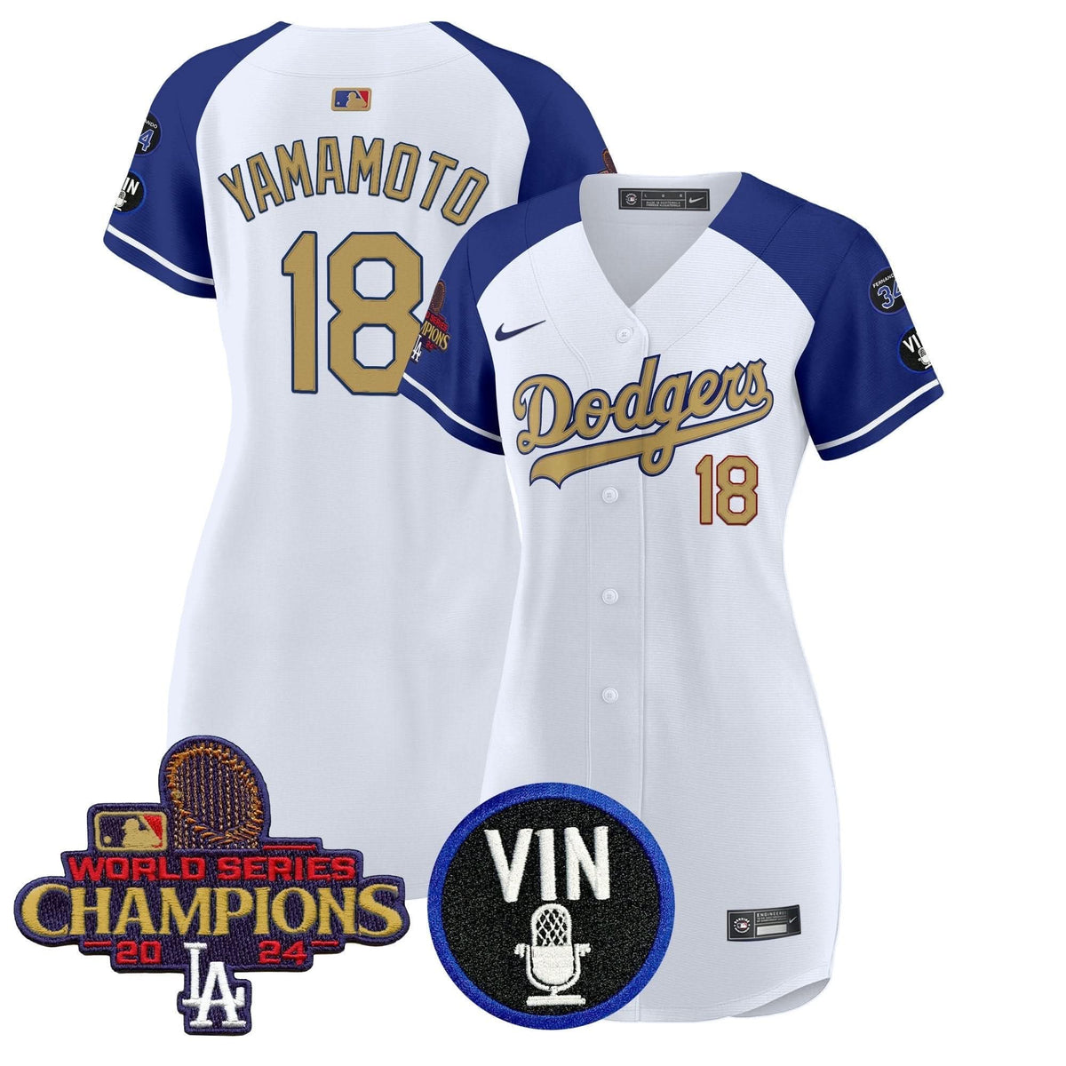 Women's Dodgers 2025 Vin Scully & #34 Fernando Patch Gold Baseball Dress - All Stitched
