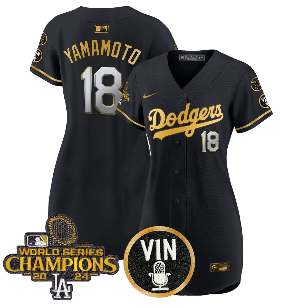 Women's Dodgers 2025 Vin Scully & #34 Fernando Patch Gold Baseball Dress - All Stitched