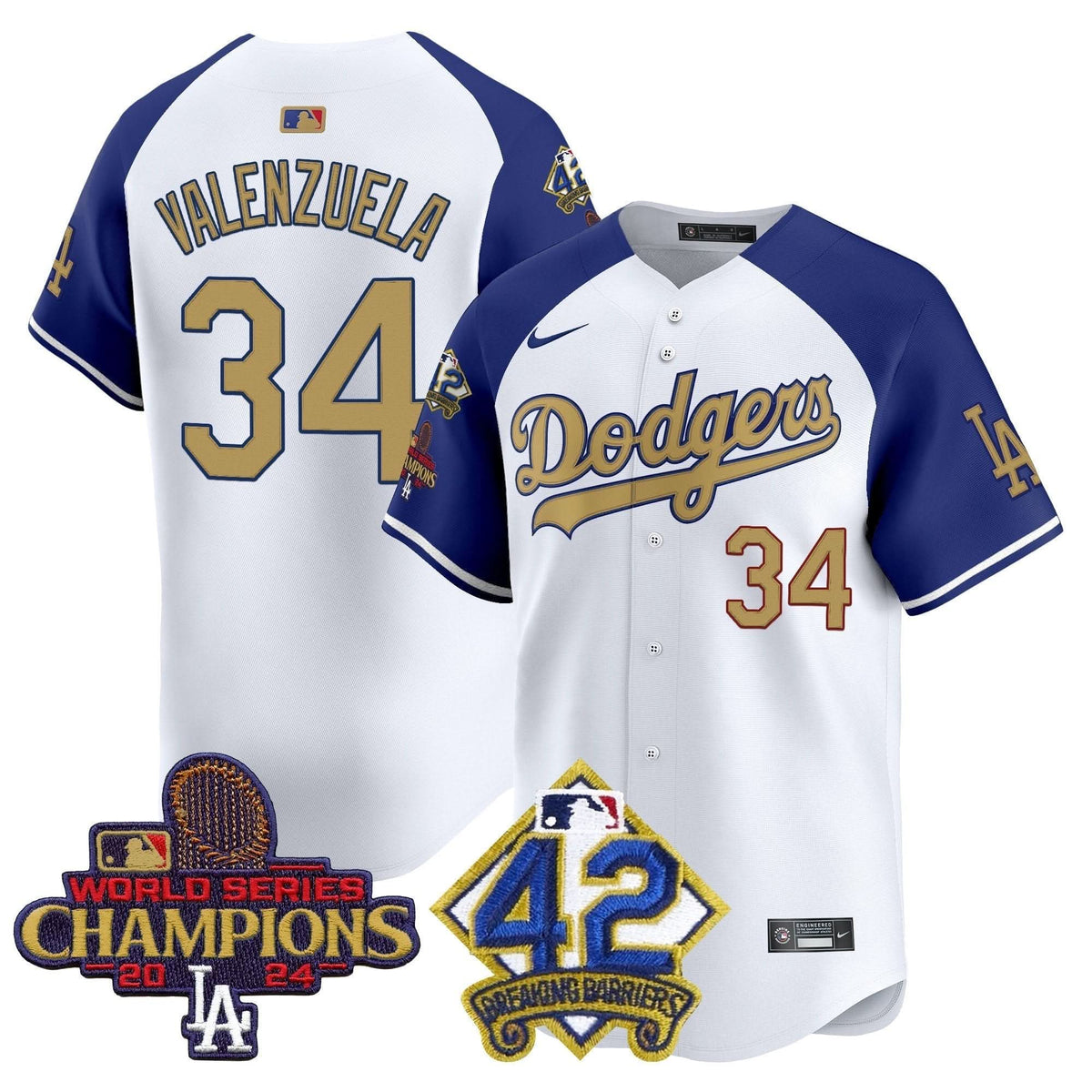 Men's Dodgers 2024 World Series Champions & Jackie Robinson Patch Vapor Premier Limited Jersey - All Stitched