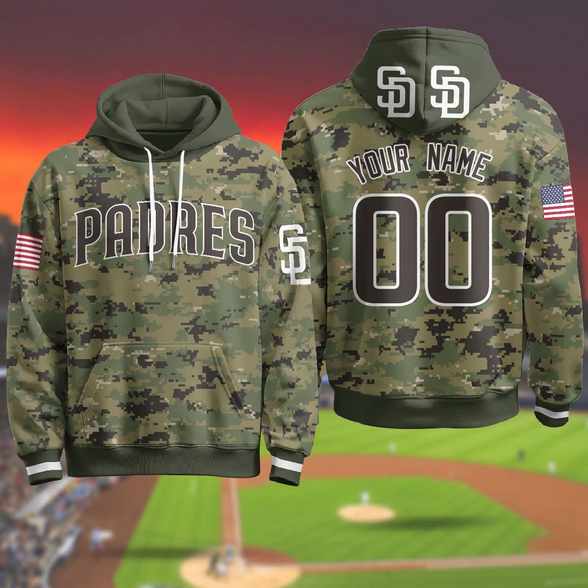 Custom Name/Gender San Diego Padres Military Hoodie - All Stitched