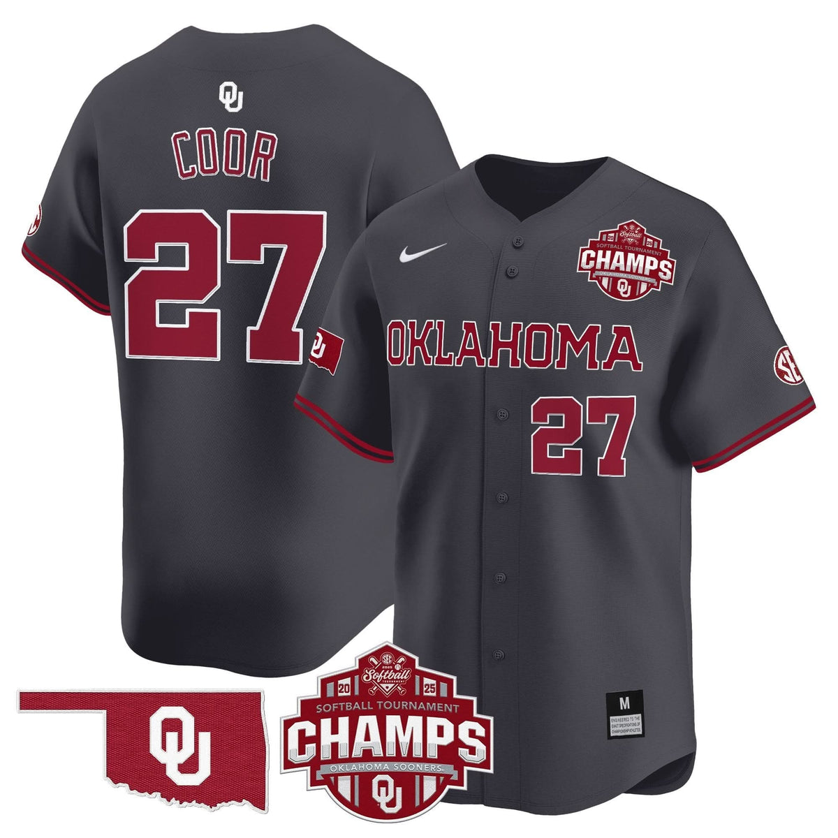 Men's Size - Oklahoma Sooners 2025 SEC Softball Conference Tournament Champions Patch Vapor Premier Limited Jersey - All Stitched