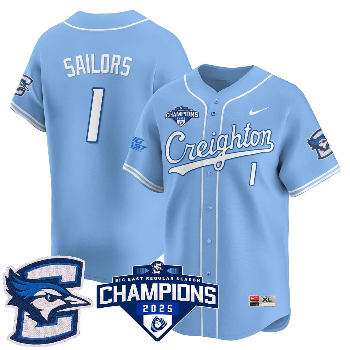 Men's Creighton Baseball 2025 Big East Baseball Tournament Champions Jersey N1 - All Stitched