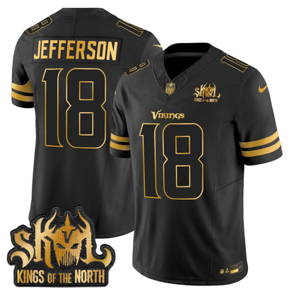 Men's Minnesota Vikings 2025 Gold Vapor Limited Jersey - Kings Of The North Patch - All Stitched