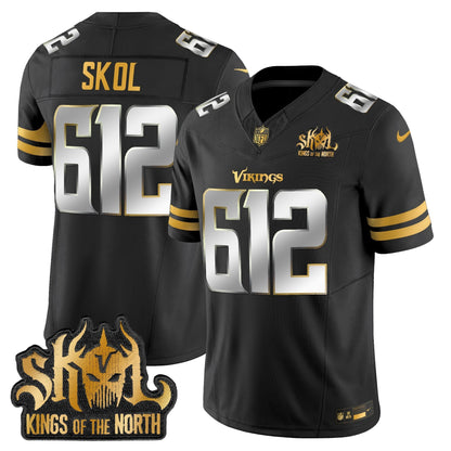 Men's Minnesota Vikings 2025 Gold Vapor Limited Jersey - Kings Of The North Patch - All Stitched