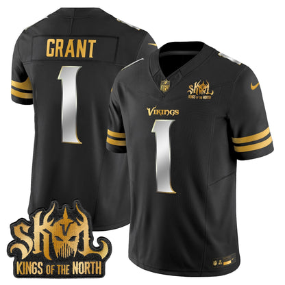 Men's Minnesota Vikings 2025 Gold Vapor Limited Jersey - Kings Of The North Patch - All Stitched