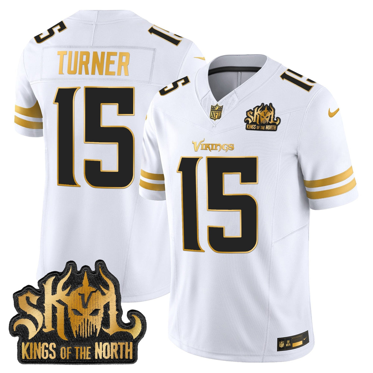 Men's Minnesota Vikings 2025 Gold Vapor Limited Jersey - Kings Of The North Patch - All Stitched