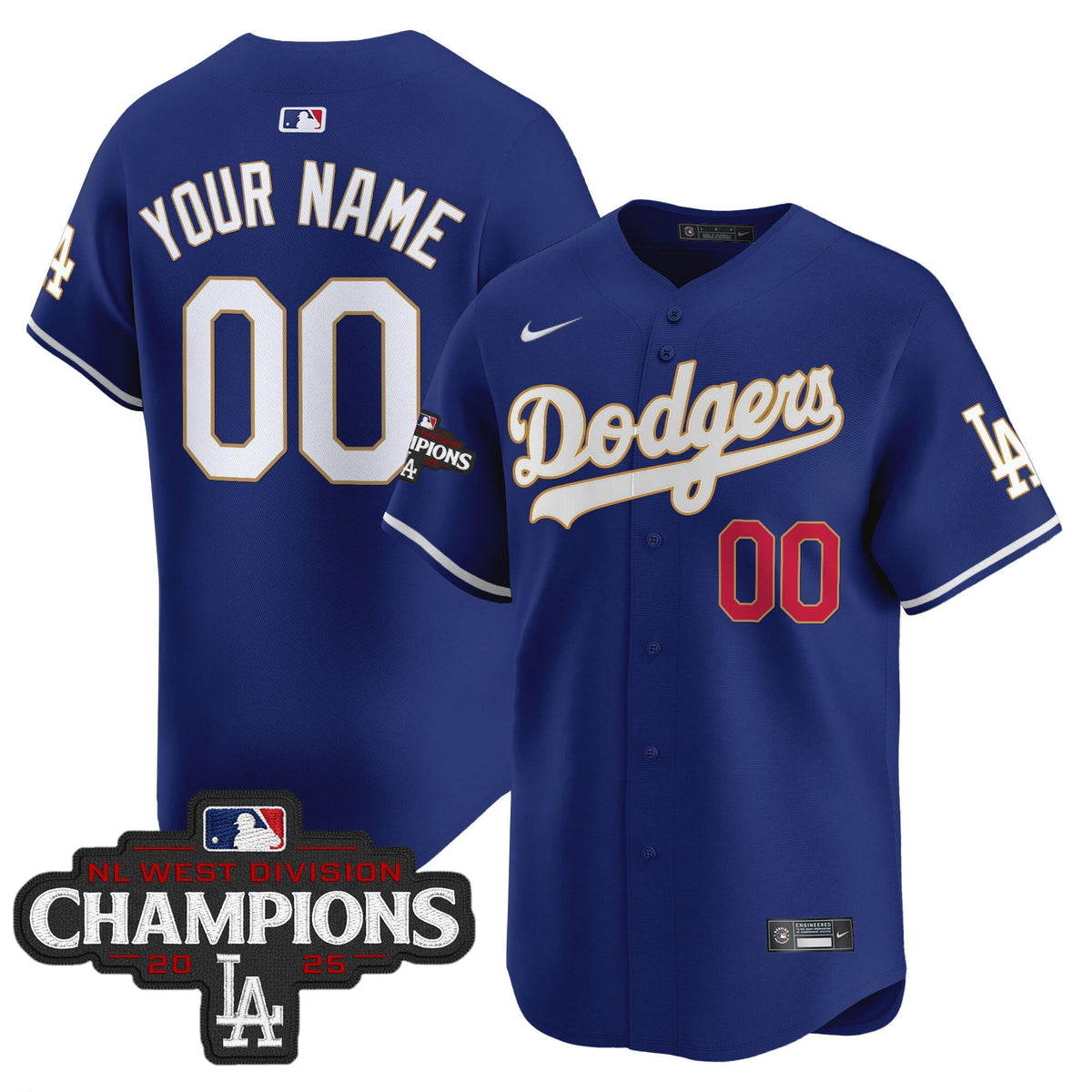 Dodgers 2025 NL West Division Champions Patch Gold Trim Vapor Premier Limited Custom Jersey - All Stitched