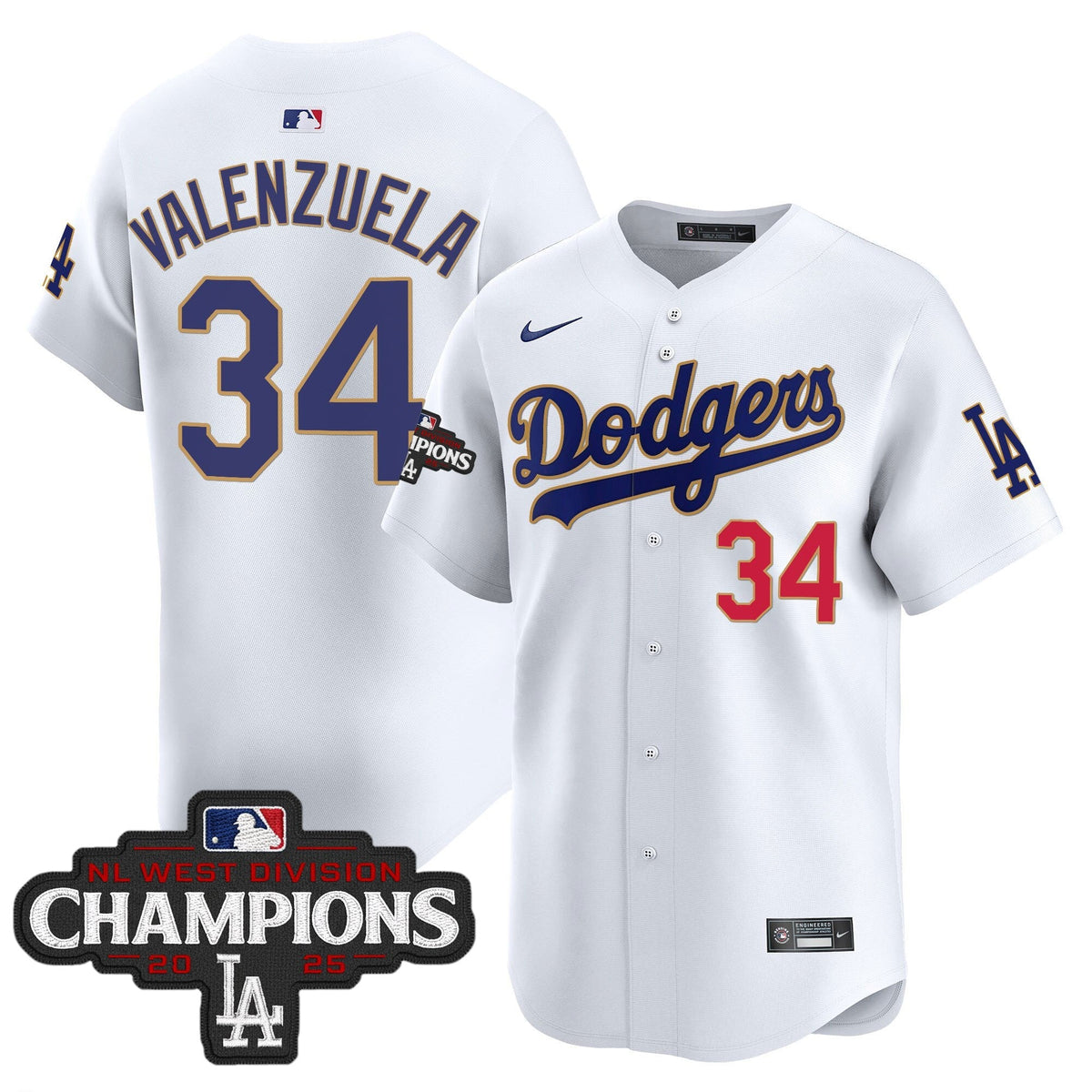Men's Dodgers 2025 NL West Division Champions Patch Gold Trim Vapor Premier Limited Jersey - All Stitched