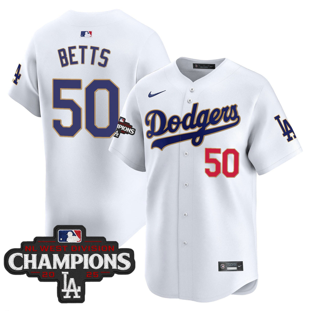 Men's Dodgers 2025 NL West Division Champions Patch Gold Trim Vapor Premier Limited Jersey - All Stitched