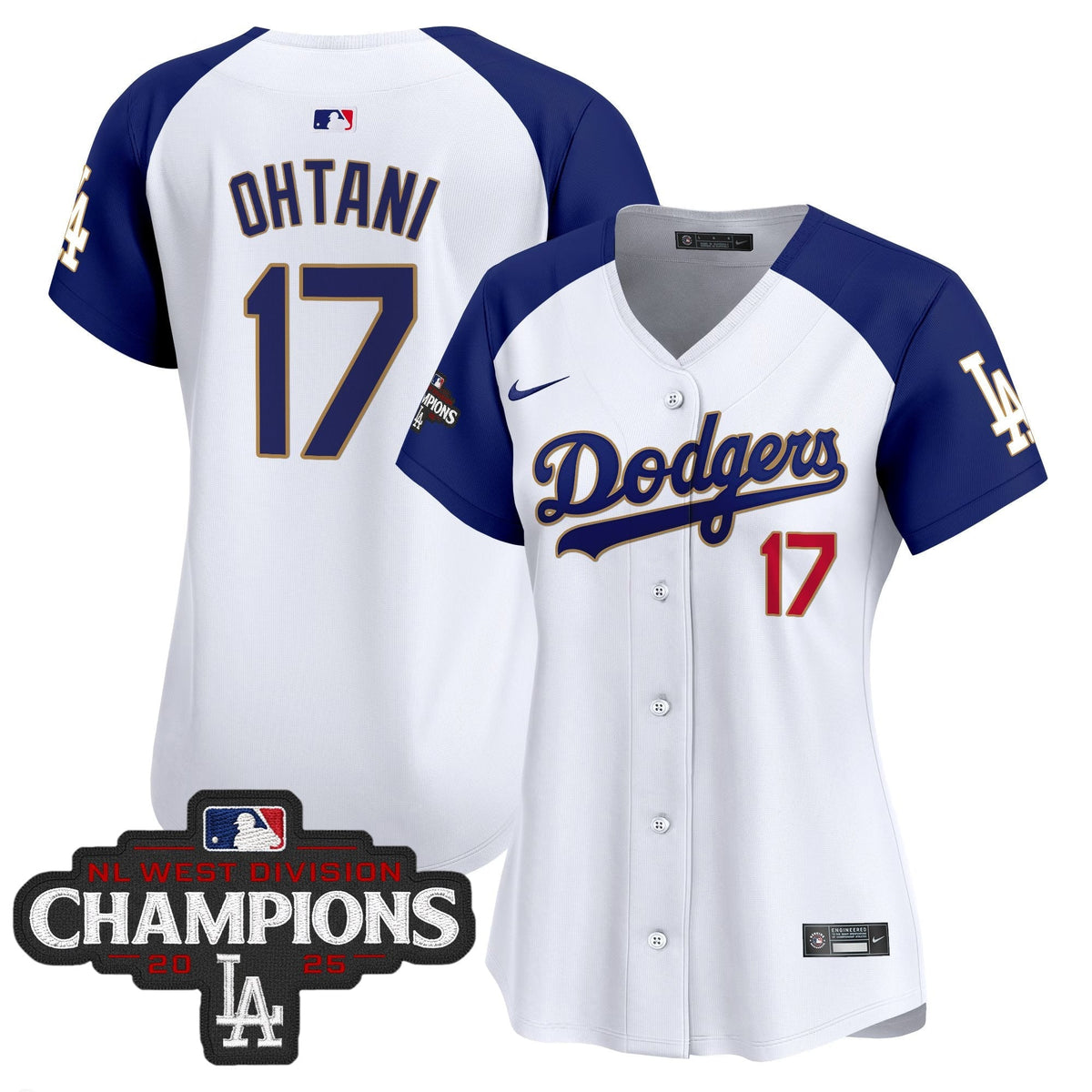 Women's Dodgers 2025 NL West Division Champions Patch Gold Trim Vapor Premier Limited Jersey - All Stitched