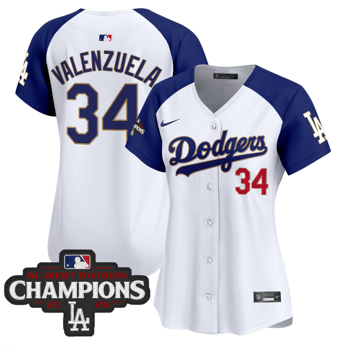 Women's Dodgers 2025 NL West Division Champions Patch Gold Trim Vapor Premier Limited Jersey - All Stitched