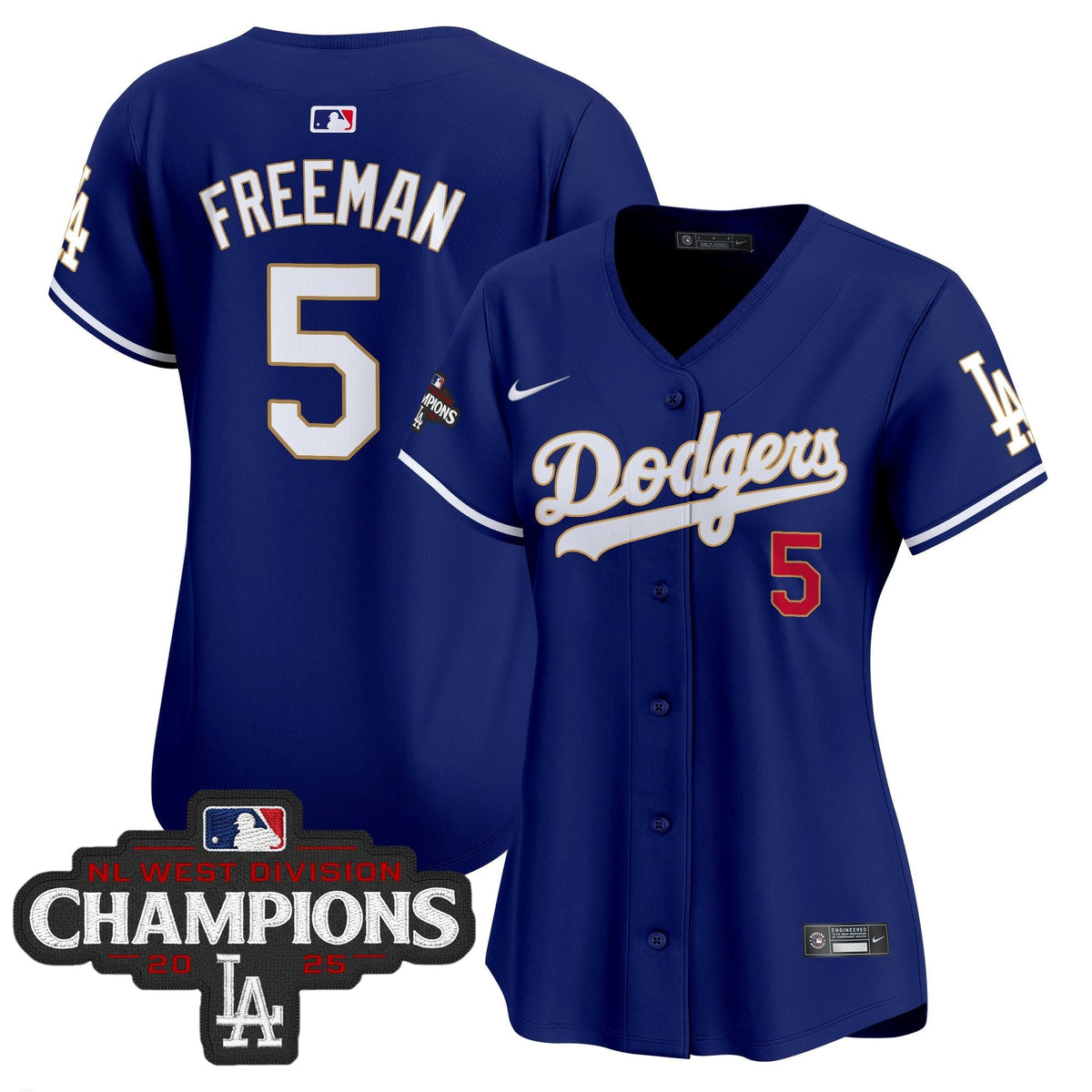 Women's Dodgers 2025 NL West Division Champions Patch Gold Trim Vapor Premier Limited Jersey - All Stitched