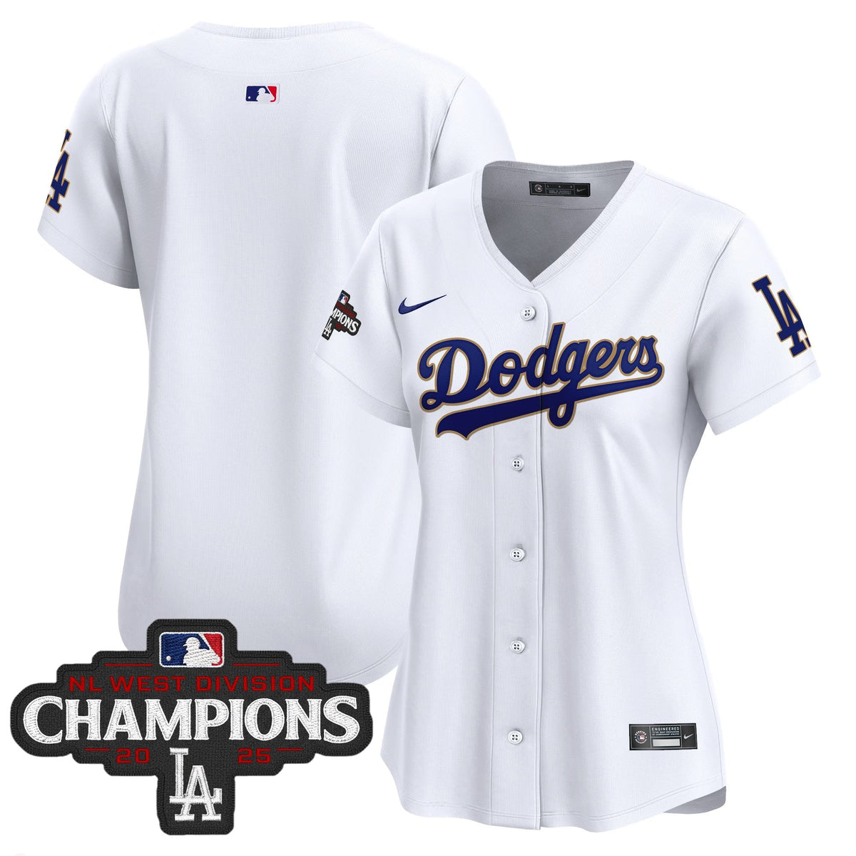 Women's Dodgers 2025 NL West Division Champions Patch Gold Trim Vapor Premier Limited Jersey - All Stitched