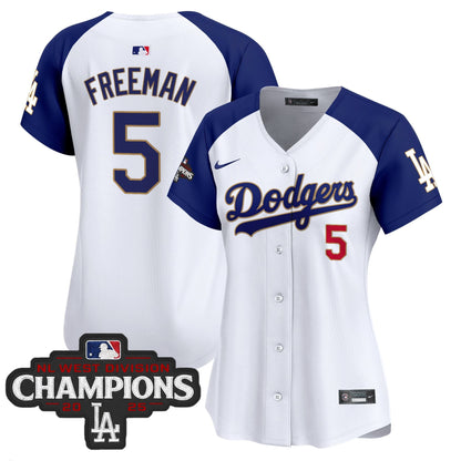 Women's Dodgers 2025 NL West Division Champions Patch Gold Trim Vapor Premier Limited Jersey - All Stitched