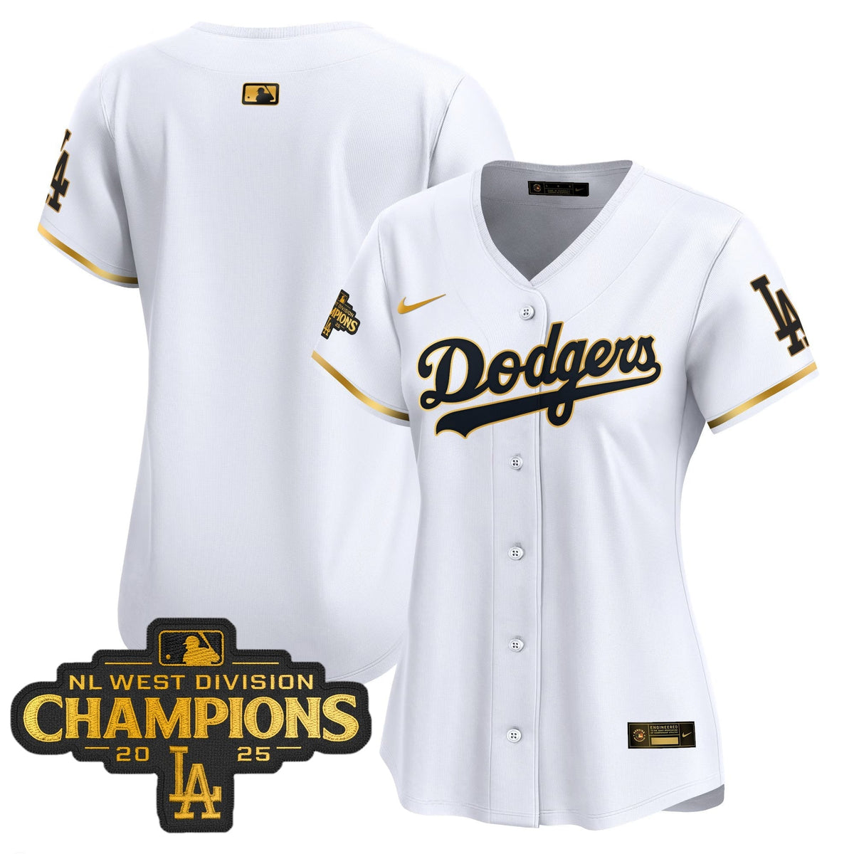 Women's Dodgers 2025 NL West Division Champions Patch Gold Trim Vapor Premier Limited Jersey - All Stitched