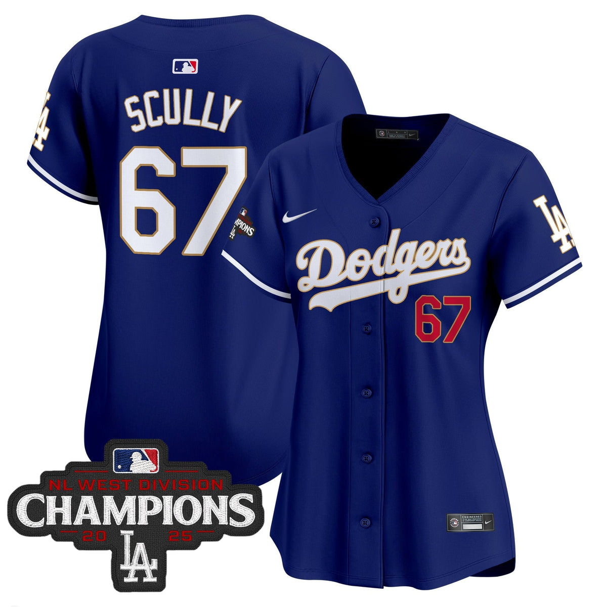 Women's Dodgers 2025 NL West Division Champions Patch Gold Trim Vapor Premier Limited Jersey - All Stitched