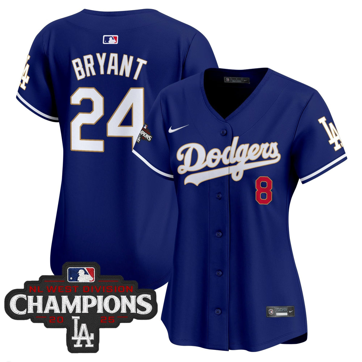 Women's Dodgers 2025 NL West Division Champions Patch Gold Trim Vapor Premier Limited Jersey - All Stitched
