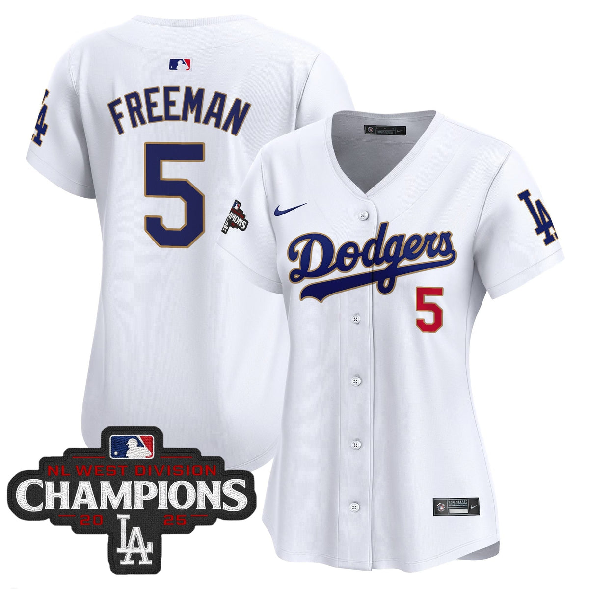 Women's Dodgers 2025 NL West Division Champions Patch Gold Trim Vapor Premier Limited Jersey - All Stitched